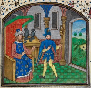 Een dwaas met zijn meester, uit een Getijdenboek door de Mildmay Meester, c.1460-70 door Netherlandish School