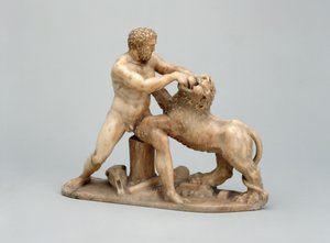 Hercules worstelt met de Nemeïsche leeuw (albast) door Netherlandish School
