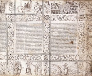 Verlicht manuscript in Sefardisch schrift, met scènes uit het Nederlandse leven en de Bijbel met bloemcartouches, 17e eeuw door Netherlandish School