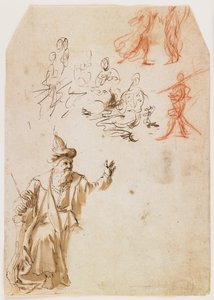 Studie van een oudtestamentische profeet en andere figuurstudies (recto); Studie van een mannelijke figuur met een touw (verso) door Netherlandish School