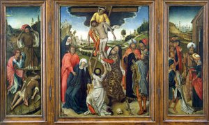 De Kruisafneming, geflankeerd door (L) Adam en Eva rouwen om Abel en (R) Jozefs jas getoond aan Jacob, drieluik, c.1470 door Netherlandish School