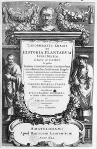 Titelpagina van Historia Plantarum Libri Decem door Theophrastus (ca.372-ca.287 v.Chr.) gepubliceerd in Amsterdam in 1644 door Netherlandish School