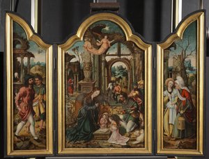 Drieluik - Aanbidding van de herders, 1535 door Netherlandish School