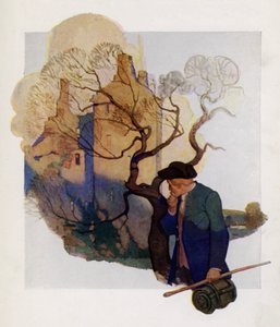 Titelpagina illustratie voor Kidnapped door Robert Louis Stevenson (kleur litho)