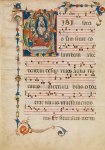 Manuscriptblad met de Tenhemelopneming van de Maagd in een Initiaal V, uit een Antifonarium, ca. 1340