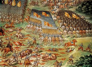 De Slag bij St. Quentin, overwinning van de Spanjaarden op de Fransen in 1557, tijdens de Italiaanse Oorlogen (detail)