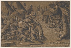 Cloelia de Romeinse heldin in het midden die op een paard wordt geholpen, Rome op de achtergrond..., 1540-50 door Niccolo Vicentino