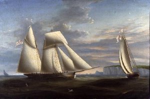 Een topzeilschoener en een schoener van de Royal Yacht Squadron voor de kust van Dorset