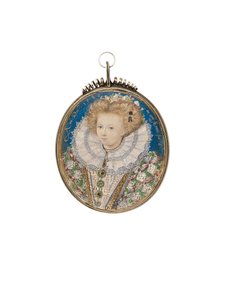 Een meisje van het Elizabethaanse hof, 6 jaar oud, in uitgebreide jurk en kanten kraag