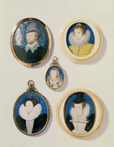 Miniaturen, van L naar R, T naar B: Man met een hand uit een wolk; Onbekende jonge man, 1588; Mevrouw Holland 26 jaar, 1593; Arabella Stuart, hertogin van Lennox; Onbekende dame door Nicholas Hilliard