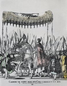 HOGENBERG, Nicolas. De Kroning van Karel V in Bologna. KAREL V, Heilige Roomse Keizer en Koning van Spanje; CLEMENS VII, Paus tussen 1523 en 1534. Gravure