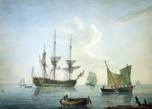Derdeklas fregat (70 kanonnen), een vissersboot en andere boten voor de zuidkust van Engeland