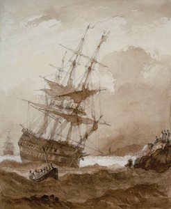 Tweedekker in een storm aan de kust, laat 18e tot begin 19e eeuw door Nicholas Pocock