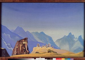 Het zwaard van Gesar Khan (of koning Gesar van Ling, Mongoolse en Tibetaanse held). (Ingehouwen rots op een top van de Himalaya). Werk van Nicolas Roerich (1874-1947) door Nicholas Roerich