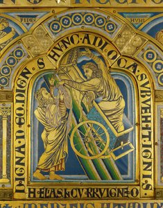 Hemelvaart van de profeet Eliah, van het altaar van Verdun ... (geëmailleerde plaquette in champleve techniek op verguld koper) door Nicholas of Verdun