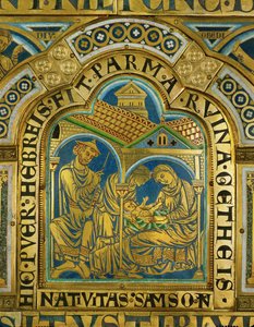 De geboorte van Simson, Manoach met een middeleeuwse joodse hoed ... (email op verguld koper) door Nicholas of Verdun