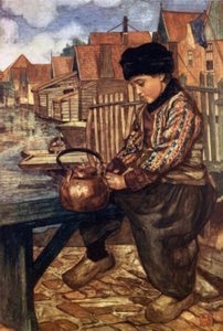 Een jongen die een ketel schoonmaakt