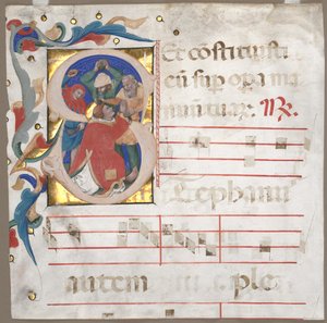 Fragment van een Antifonarium met Geïllustreerde Initiaal (S): De Steniging van St. Stefanus
