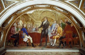 Alessandro Volta gepresenteerd in 1801 aan consul Napoleon Bonaparte in het Institut national de France de resultaten van zijn experimenten die hem in staat stelden de elektrische batterij uit te vinden