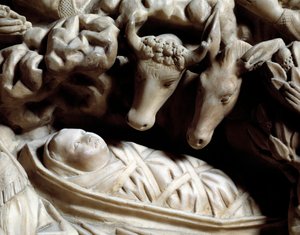 Gotische kunst: de geboorte - Detail van de bas-reliëfs van de marmeren preekstoel gemaakt door Nicola Pisano (1266-1268) door Nicola Pisano