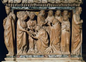 De apostelen Petrus en Paulus verschijnen aan Sint Dominicus, decoratief reliëf van Arca di San Domenico, marmer, Kapel van San Domenico, Basiliek van San Domenico, Bologna, Emilia-Romagna, Italië