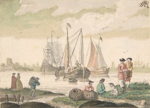 Zeegezicht met zeven figuren en een hond, 1733-93 door Nicolaas Aartman