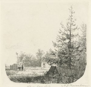 Boomrijk landschap met een ooievaarsnest door Nicolaas Johannes Roosenboom