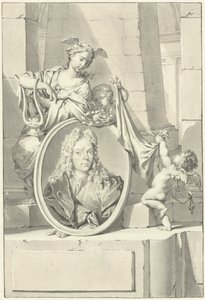 Putti en een vrouw bij een medaillon met het portret van Arnold Houbraken door Nicolaas Verkolje