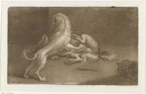 Twee spelende honden door Nicolaas Verkolje