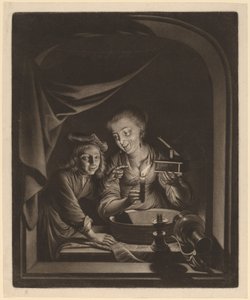 Dienstmeid met een Muizenval door Nicolaas Verkolje after Gerrit Dou