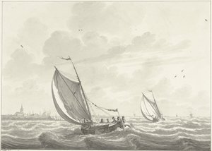 Schip onder zeil op de Maas, in de verte de dorpen Oud en Nieuw Beijerland door Nicolaas Wicart