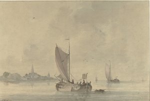 Zeilende schuiten op het water voor een Hollands stadje