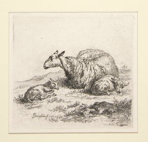 2 etsen uit De Set van de Schapen met de herderin en de schapen, de zogenaamde Vrouw door Nicolaes Berchem