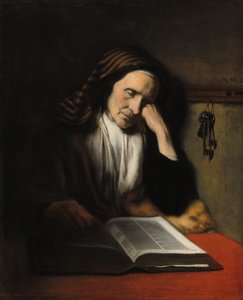 Een Oude Vrouw die Doezelt boven een Boek