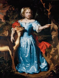 Portret van een Meisje, Volledig, als Granida, in een Blauwe Zijde Jurk en Rode Mantel, haar Linkerhand Water Vangend in een Schelp van een Bron, haar Rechterhand Rond een Hert