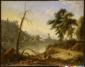 Italiaans landschap met muilezeldrijver door Nicolaes Piemont