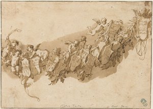 Heraldische guirlande omgeven door engelen door Nicolaes Pietersz Berchem (possibly)