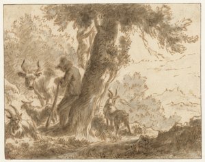 Herder en zijn vee bij een boom door Nicolaes Pietersz Berchem (possibly)