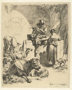 Fluitspelende herder en spinster door Nicolaes Pietersz Berchem