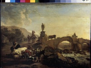 Italiaans landschap met een kleine brug door Nicolaes Pietersz. Berchem