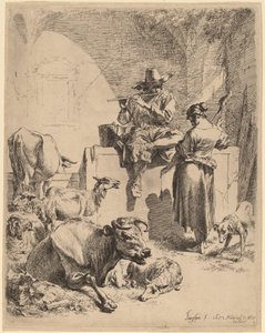 De herder zittend op een fontein en de spinster door Nicolaes Pietersz Berchem