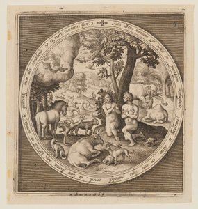 Adam en Eva in het paradijs, van de schepping tot de verdrijving uit het paradijs door Nicolaes de Bruyn