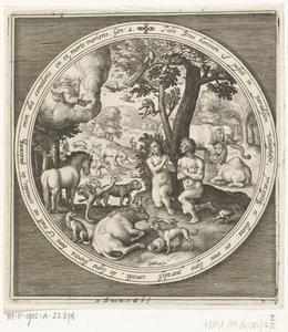 De zevende dag van de schepping: Adam en Eva in het paradijs door Nicolaes de Bruyn