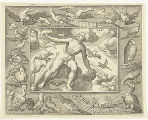 Element lucht als jonge man op wolken tussen vliegende vogels door Nicolaes de Bruyn