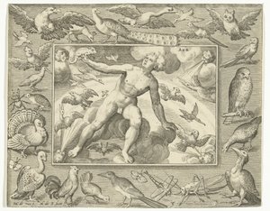 Element lucht als jonge man op wolken tussen vliegende vogels door Nicolaes de Bruyn
