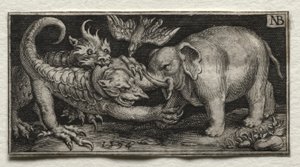 Olifant vecht met twee beesten