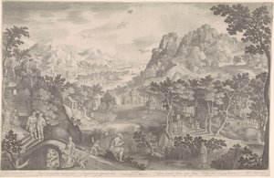 Hosea en de overspelige vrouw in een landschap door Nicolaes de Bruyn