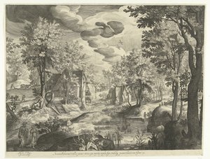 Landschap met Hagar en Ismaël door Nicolaes de Bruyn
