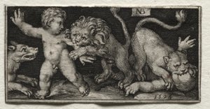 Leeuwen die kinderen aanvallen door Nicolaes de Bruyn