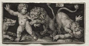 Leeuwen die kinderen aanvallen, 1594 door Nicolaes de Bruyn